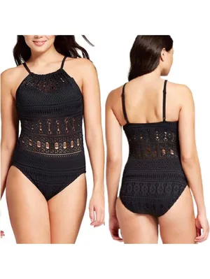 Aqua Green Crochet High Neck Black One Piece Swimsuit Medium thumbnail 2