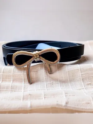 Black Faux Leather Bow Belt Gold Buckle Women’s Coquette thumbnail 7