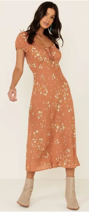 [Nikki Erin] Orange Floral Print Cap Sleeve Peasant Midi Slip Dress Size Large L thumbnail 1