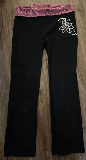 Vintage Y2K Pink Black Fold Over Leggings M Hand Painted thumbnail 1