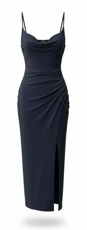 Lulus Formal Dress Sz M Navy Blue Maxi Surplice Ruched Side Slit Wedding Guest thumbnail 1