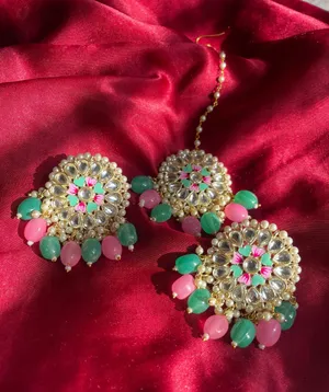 Pink and Turquoise Earrings with Tikka thumbnail 5