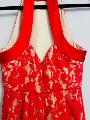 ABS Allen Schwartz Red Floral Lace Halter Dress Sheath Cocktail Wedding Guest 4 thumbnail 14