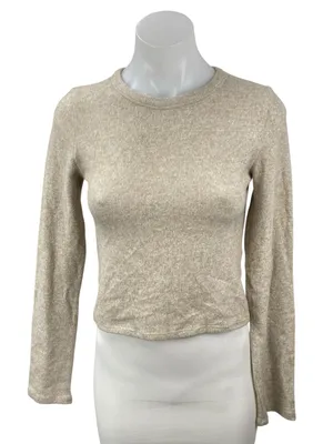 NEW Zara Women's Beige Long Sleeve Crew Neck Knit Slim Crop Sweater Top Size M thumbnail 1