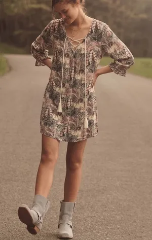 NEW Anthropologie Boho Palm Print Lace-Up Tunic Dress Size LARGE thumbnail 1