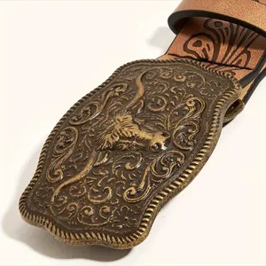 Western Bull Head Buckle Unisex‎ Belt Vintage Embossed Brown PU Leather Belt thumbnail 8