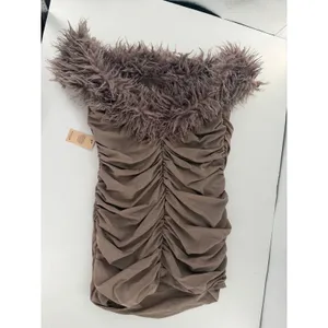 PrettyLittleThing Plus Taupe Faux Shearling Bardot Ruched Mini Dress 26 NWT Club thumbnail 7