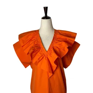 Tela Dress Women XS Orange Cotton Poplin Ruffle V-Neck Cap‎ Sleeve Shift Mini thumbnail 4