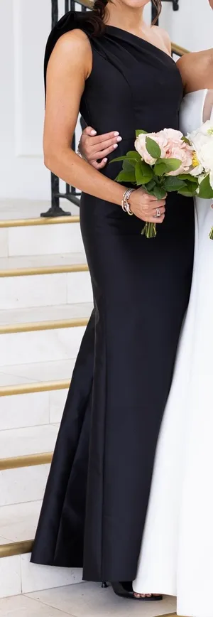 Alfred Sung Bow One-Shoulder Satin Trumpet Gown Black 2 thumbnail 2