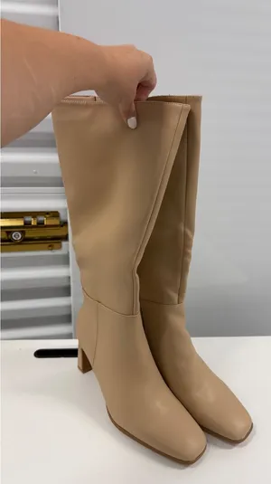 Beige Square Toe Block Heel Knee High Boots Tan Tall Side Zip Size 41 US 10,5 thumbnail 1