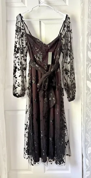 New Lulus Darling Charisma Black Mesh sheer Embroidered Midi Dress sz M w belt thumbnail 1