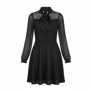 Hell Bunny Black Gothic Mock Neck Bow Long Sleeve Flare Dress Size L NWT thumbnail 2