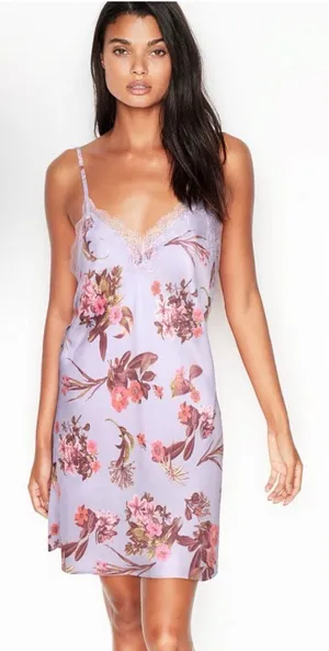 Victoria’s Secret Floral Satin & Lace Nightgown Slip Dress Purple Small thumbnail 1