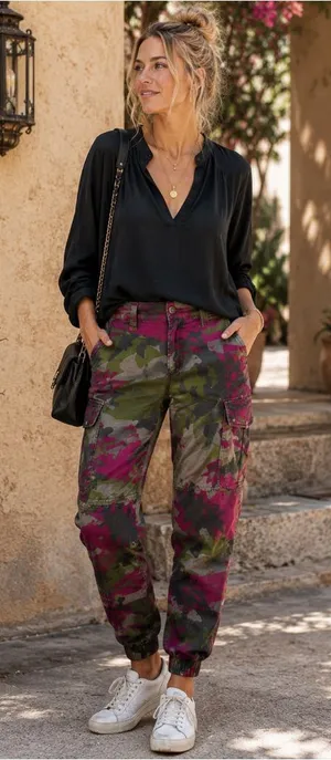 Marrakech Silky Cargo Pants 31 Pink Green Camo Utility Autumn Boho thumbnail 1