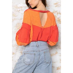 Charming Charlie sz L Women Studded Waffle VNeck Long Sleeve Top patchwork stitch thumbnail 2