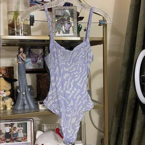 SKIMS Lavender Swirl Mesh Logo Strappy Thong Bodysuit Size S thumbnail 3