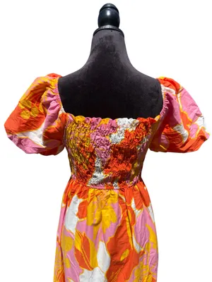 Ana & Rose Floral Smocked Midi Dress Puff Sleeve Tropical Boho Orange Pink L thumbnail 10