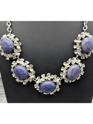 Silver-Tone Necklace W/ Purple Marble Stones & Floral Accents 21" Chain Length thumbnail 7