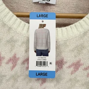 NEW NWT 525 Women's Large Super Soft Crewneck Lurex‎ Fairisle Sweater Pink White thumbnail 4