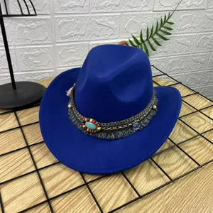 Blue Western Cowboy, Cowgirl Hat, Bead Tassle Strap, Men Women‎ Retro Wide Brim thumbnail 2