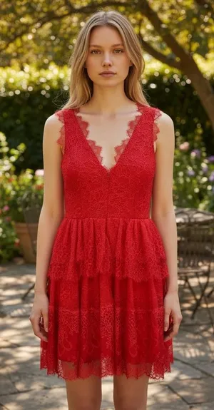 BCBGMAXAZRIA Red Lace Tiered V-Neck Cocktail‎ Dress Sleeveless Size S thumbnail 1