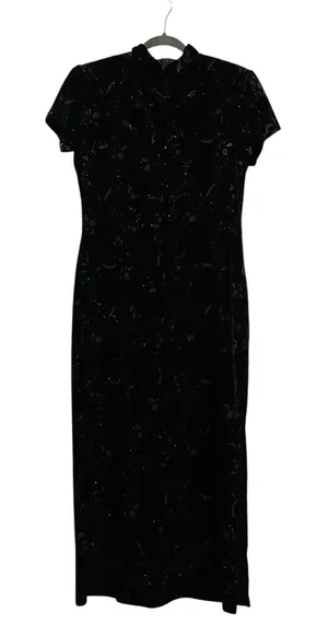 Dress Barn Black Velvet Floral Sparkle Mandarin Style Maxi Dress Size 12 thumbnail 1