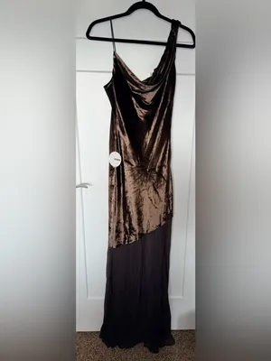 NWT Staud Beaton Draped Velvet Chiffon Dress - Dark Chocolate thumbnail 2