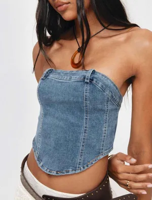Princess Polly Strapless Top Denim thumbnail 1