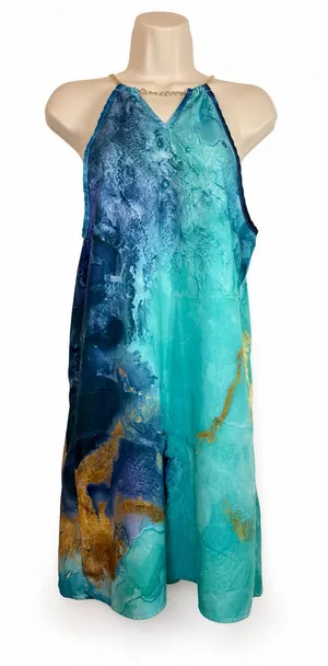 Emery Rose S Teal Blue Gold Chain Halter Dress Watercolor Marble Mini thumbnail 1