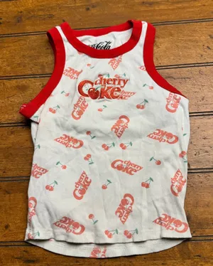 Coca-Cola Cherry Coke Ribbed Ringer Tank Top All Over Print White Red SM‎ thumbnail 1