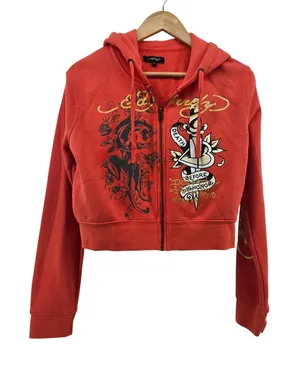 Ed Hardy Hoodie Womens XL Red Cropped Zip Up Tattoo Graphic Panther Dagger Y2K thumbnail 1
