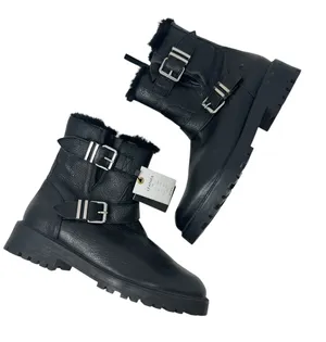 Zara Moto Ankle Boots Leather‎ Buckle Shearling Lined Black Size 40 US 9 thumbnail 1