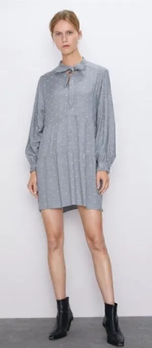 Zara Gray Swiss Dot Long Sleeve V-Neck Tiered Short Casual Dress Size XS thumbnail 1