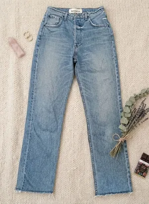 Reformation High Rise Straight Leg Jeans Blue‎ Raw Hem Button Fly Size 25 thumbnail 1