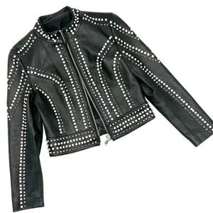 Genuine Leather Studded Crop Jacket Coat Blazer Cardigan Parka Slim Rhinestones thumbnail 10