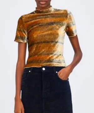 ZARA Brown velvet multicolor short sleeve top never worn thumbnail 1
