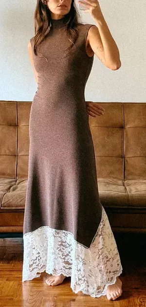 Zara NWT brown lace hem fitted long maxi dress thumbnail 1