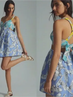 Maeve Anthropologie Mini Dress Sz 0 W Babydoll Blue Bird Print Open Tie Back thumbnail 9