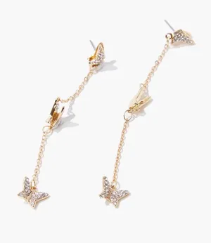 Butterfly Dangle Rhinestone Earrings Gold thumbnail 1