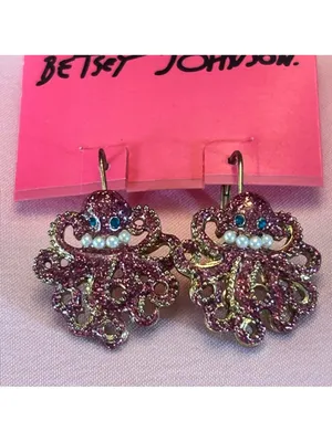$40 NWT Betsey Johnson octopus sparkle glitter pearl whimsy earrings thumbnail 2
