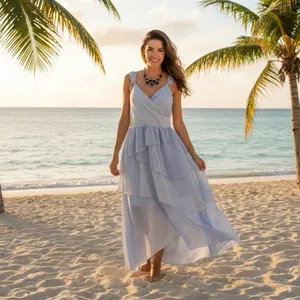 Bellevue Two Tone Blue Tiered Hem Wiola Midi Dress Summer Wedding Guest Vacation thumbnail 2