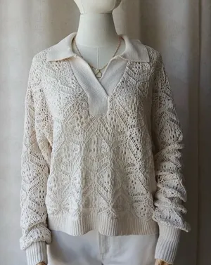 Cream crochet knit collared pointelle sweater Size M thumbnail 1