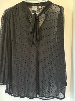 SOHO (New York & Company) Black Sheer Swiss Dot Tie-Neck Blouse - Size Medium thumbnail 1