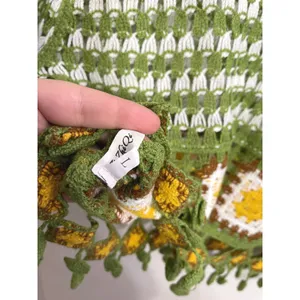 Crochet Granny Square Fringe Crop Top Green White Boho Festival Beach Cover Up L thumbnail 3