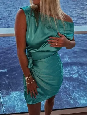 Satin One Shoulder Sleeveless Tie Waist Cocktail Party Mini Dress size small thumbnail 1