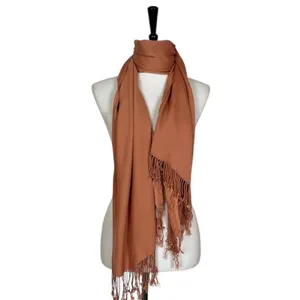 Women’s Bundle 3 Oblong Scarfs Solid Neutral Color Fringe Tan Orange Brown Tan thumbnail 2
