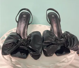 Black Patent Leather Size 6.5 Slingback Heels Open Toe Bow‎ Classy S-312 thumbnail 1