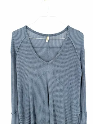 Free People Blue Gray Sunset Park Drippy Thermal Waffle Knit Oversized Shirt Top thumbnail 7