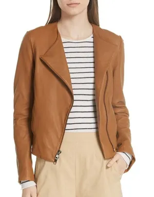 Vince Lamb Leather Moto Jacket Womens Size XS Walnut Camel Old Money Luxury Fall thumbnail 1