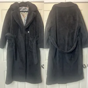 UGG Alesandra Faux Fur Wrap Coat Black Pockets Tie Waist Long Trench L / XL NWT thumbnail 2